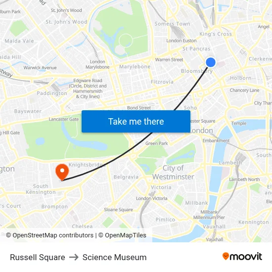 Russell Square to Science Museum map