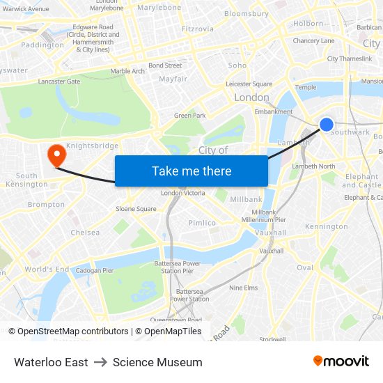 Waterloo East to Science Museum map