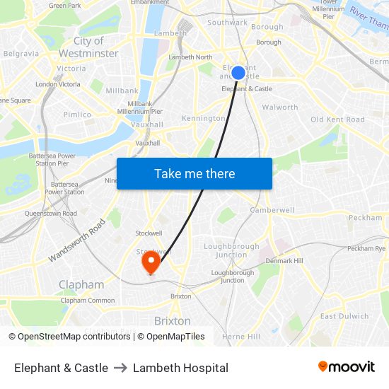 Elephant & Castle to Lambeth Hospital map