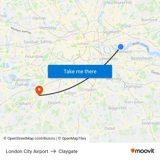 London City Airport to Claygate map