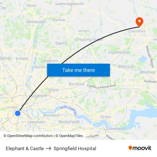 Elephant & Castle to Springfield Hospital map
