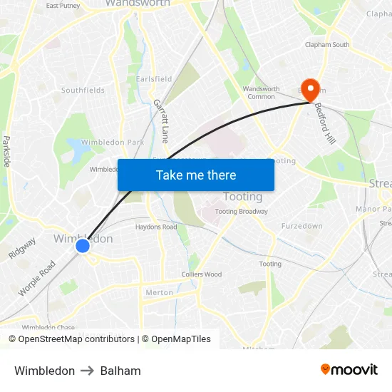 Wimbledon to Balham map