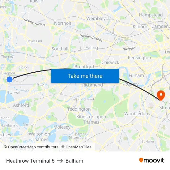 Heathrow Terminal 5 to Balham map