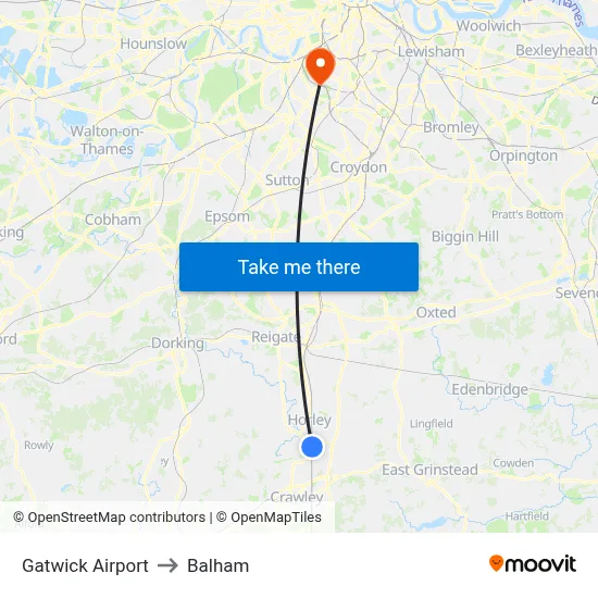 Gatwick Airport to Balham map