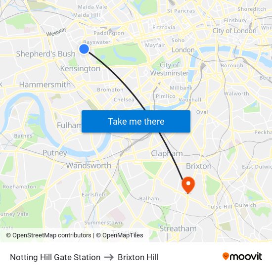 Notting Hill Gate Station to Brixton Hill map