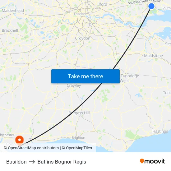 Basildon to Butlins Bognor Regis map