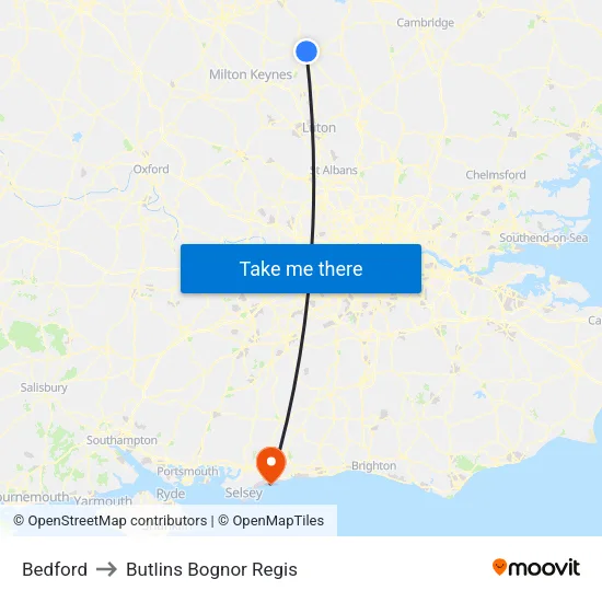 Bedford to Butlins Bognor Regis map