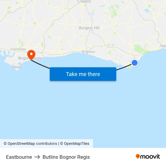 Eastbourne to Butlins Bognor Regis map