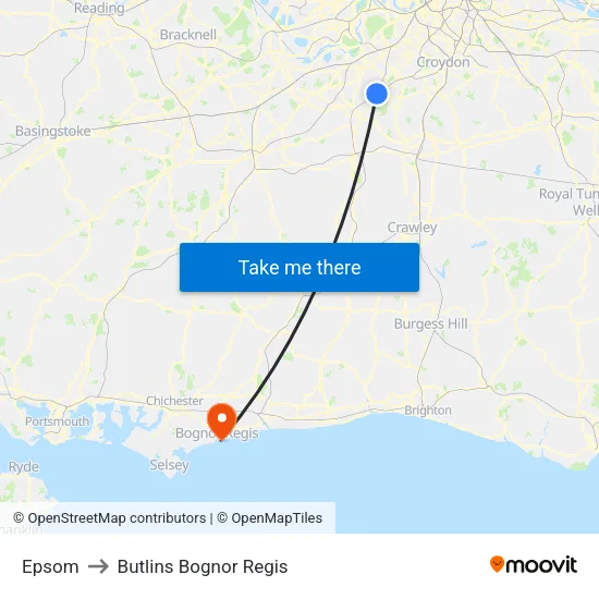 Epsom to Butlins Bognor Regis map