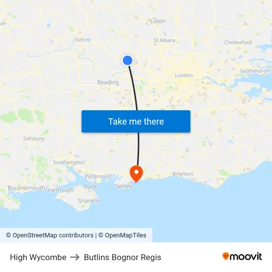 High Wycombe to Butlins Bognor Regis map
