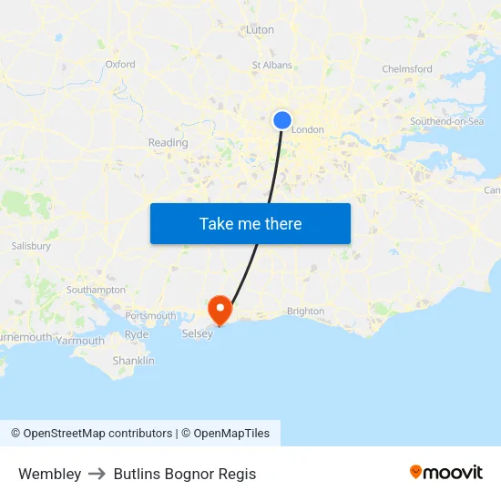 Wembley to Butlins Bognor Regis map