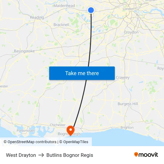 West Drayton to Butlins Bognor Regis map