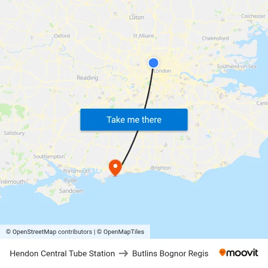 Hendon Central Tube Station to Butlins Bognor Regis map