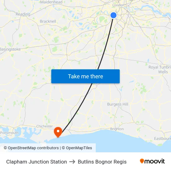 Clapham Junction Station to Butlins Bognor Regis map