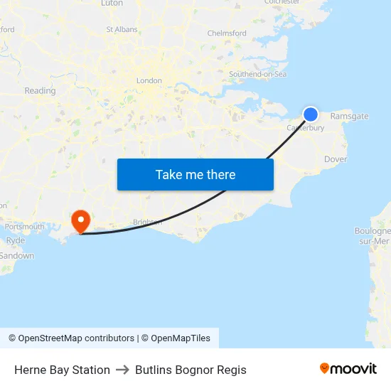Herne Bay Station to Butlins Bognor Regis map