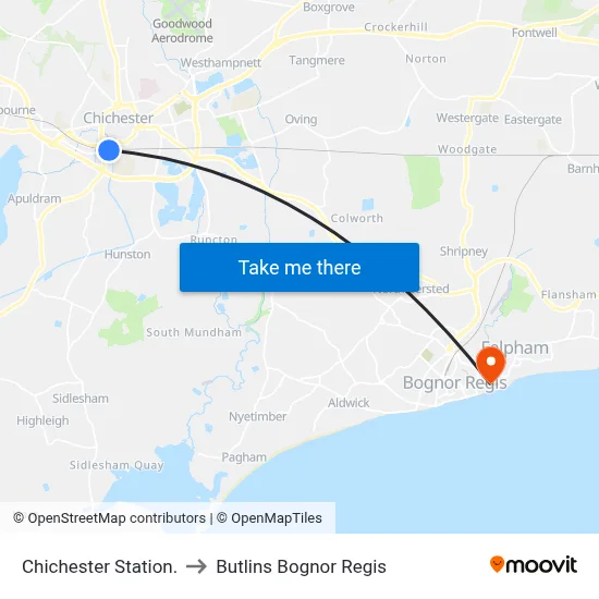 Chichester Station. to Butlins Bognor Regis map