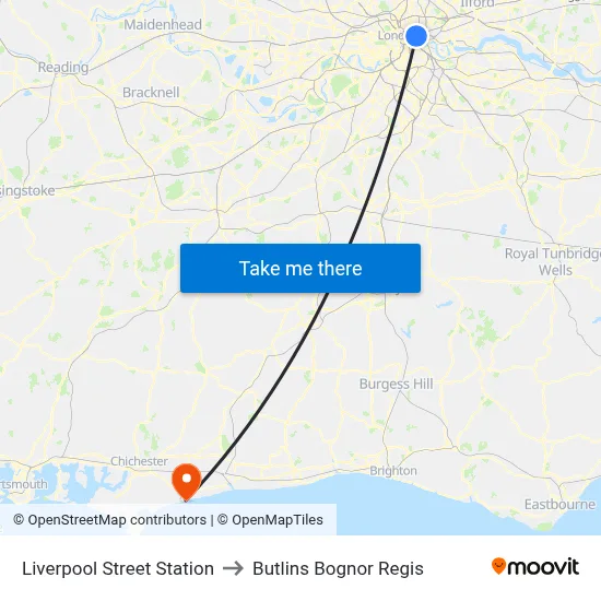 Liverpool Street Station to Butlins Bognor Regis map