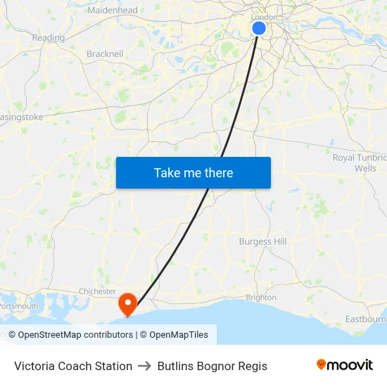 Victoria Coach Station to Butlins Bognor Regis map