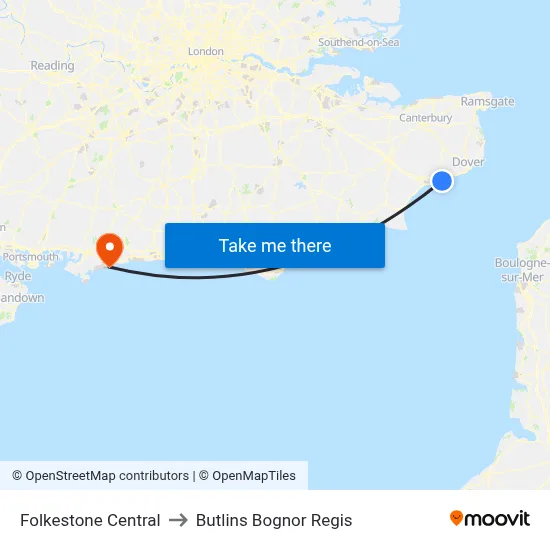 Folkestone Central to Butlins Bognor Regis map