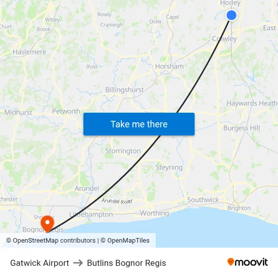Gatwick Airport to Butlins Bognor Regis map