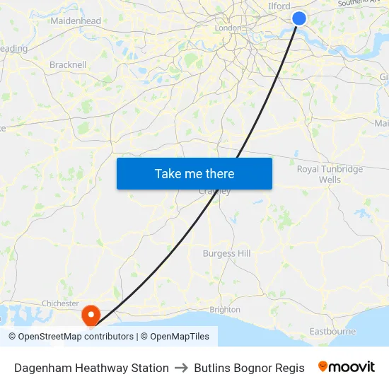 Dagenham Heathway Station to Butlins Bognor Regis map