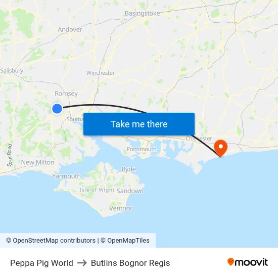 Peppa Pig World to Butlins Bognor Regis map