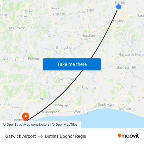 Gatwick Airport to Butlins Bognor Regis map