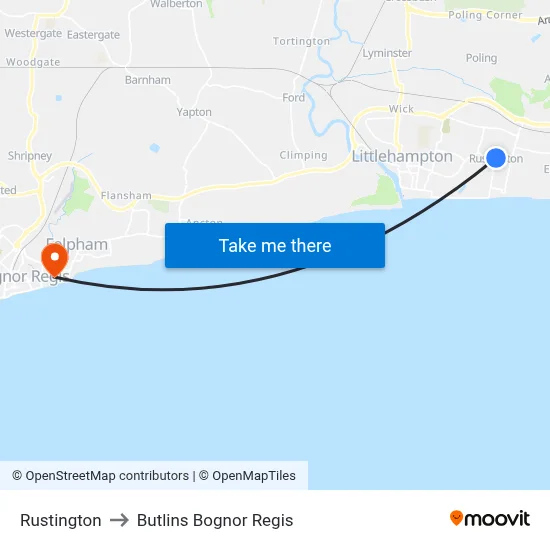 Rustington to Butlins Bognor Regis map
