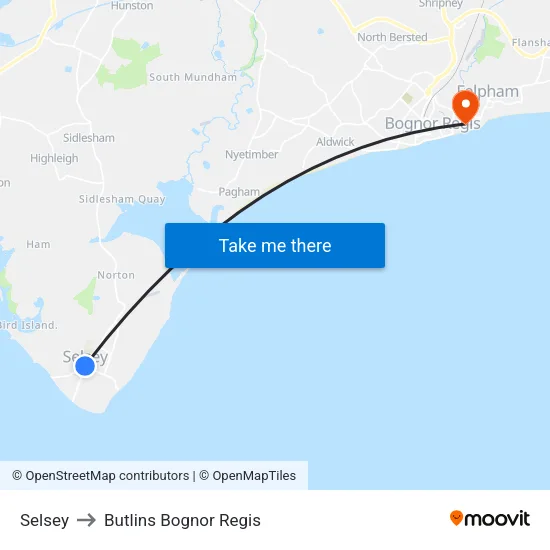 Selsey to Butlins Bognor Regis map