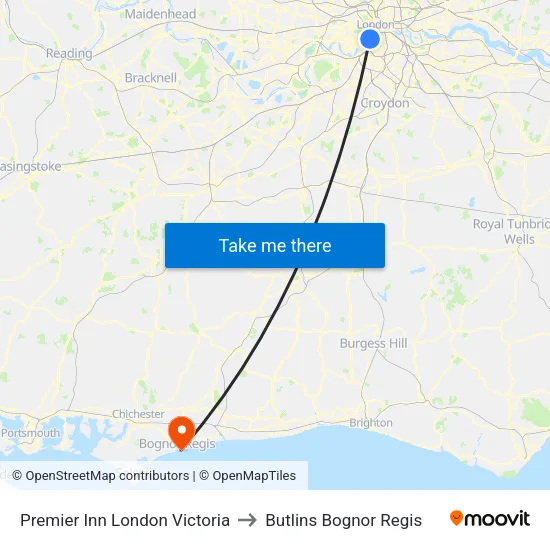 Premier Inn London Victoria to Butlins Bognor Regis map
