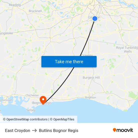 East Croydon to Butlins Bognor Regis map