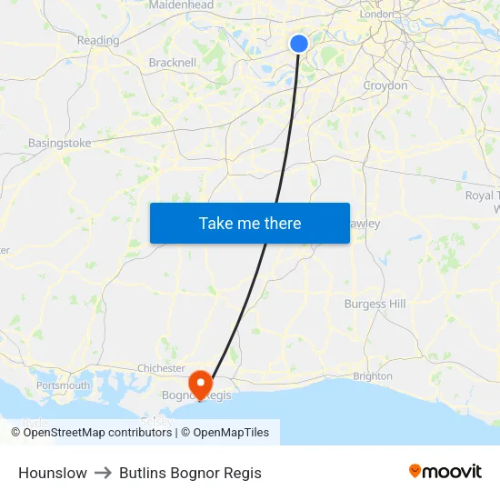 Hounslow to Butlins Bognor Regis map