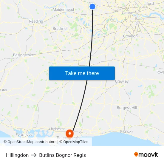 Hillingdon to Butlins Bognor Regis map