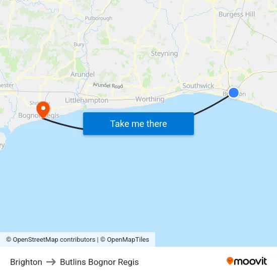 Brighton to Butlins Bognor Regis map