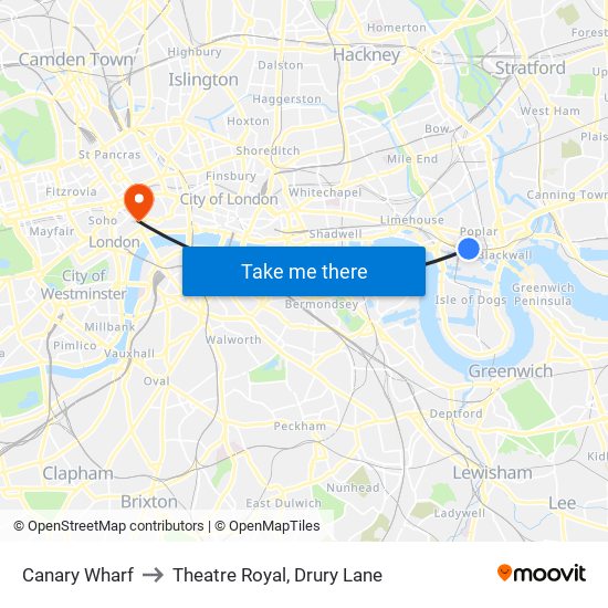 Canary Wharf to Theatre Royal, Drury Lane map