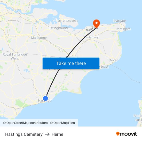 Hastings Cemetery to Herne map