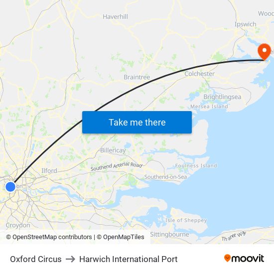 Oxford Circus to Harwich International Port map