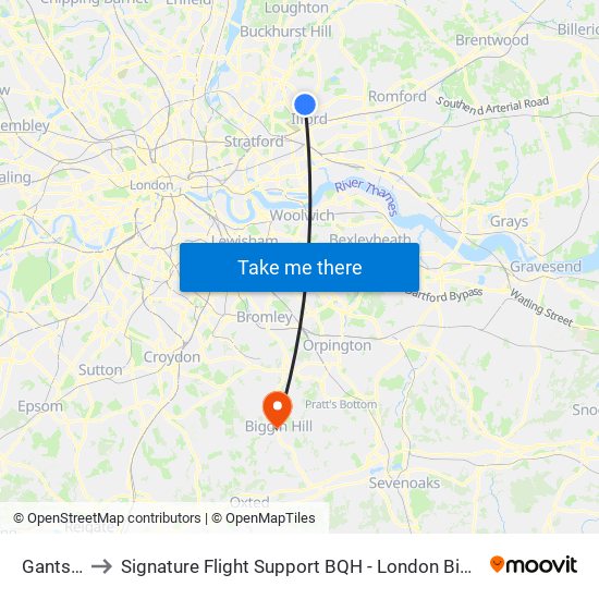 Gants Hill to Signature Flight Support BQH - London Biggin Hill Airport map