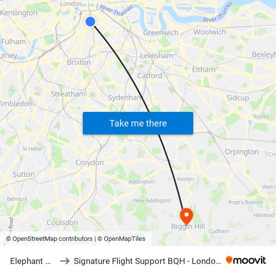Elephant & Castle to Signature Flight Support BQH - London Biggin Hill Airport map