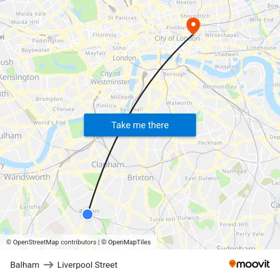 Balham to Liverpool Street map