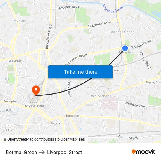 Bethnal Green to Liverpool Street map