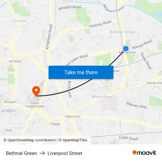 Bethnal Green to Liverpool Street map