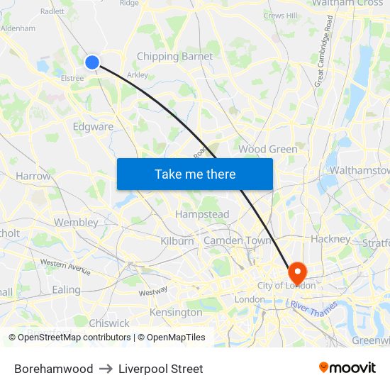 Borehamwood to Liverpool Street map