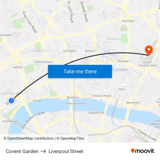 Covent Garden to Liverpool Street map