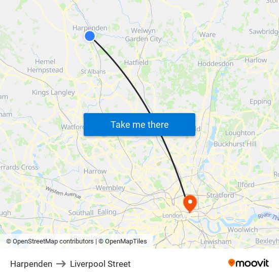 Harpenden to Liverpool Street map