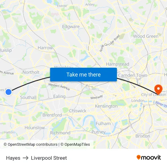 Hayes to Liverpool Street map
