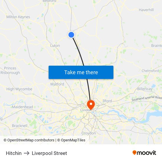 Hitchin to Liverpool Street map