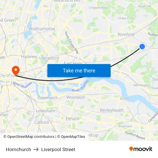 Hornchurch to Liverpool Street map