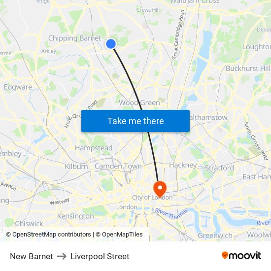 New Barnet to Liverpool Street map