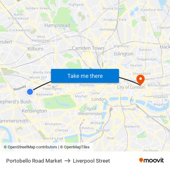 Portobello Road Market to Liverpool Street map